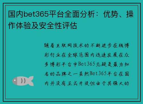 国内bet365平台全面分析：优势、操作体验及安全性评估